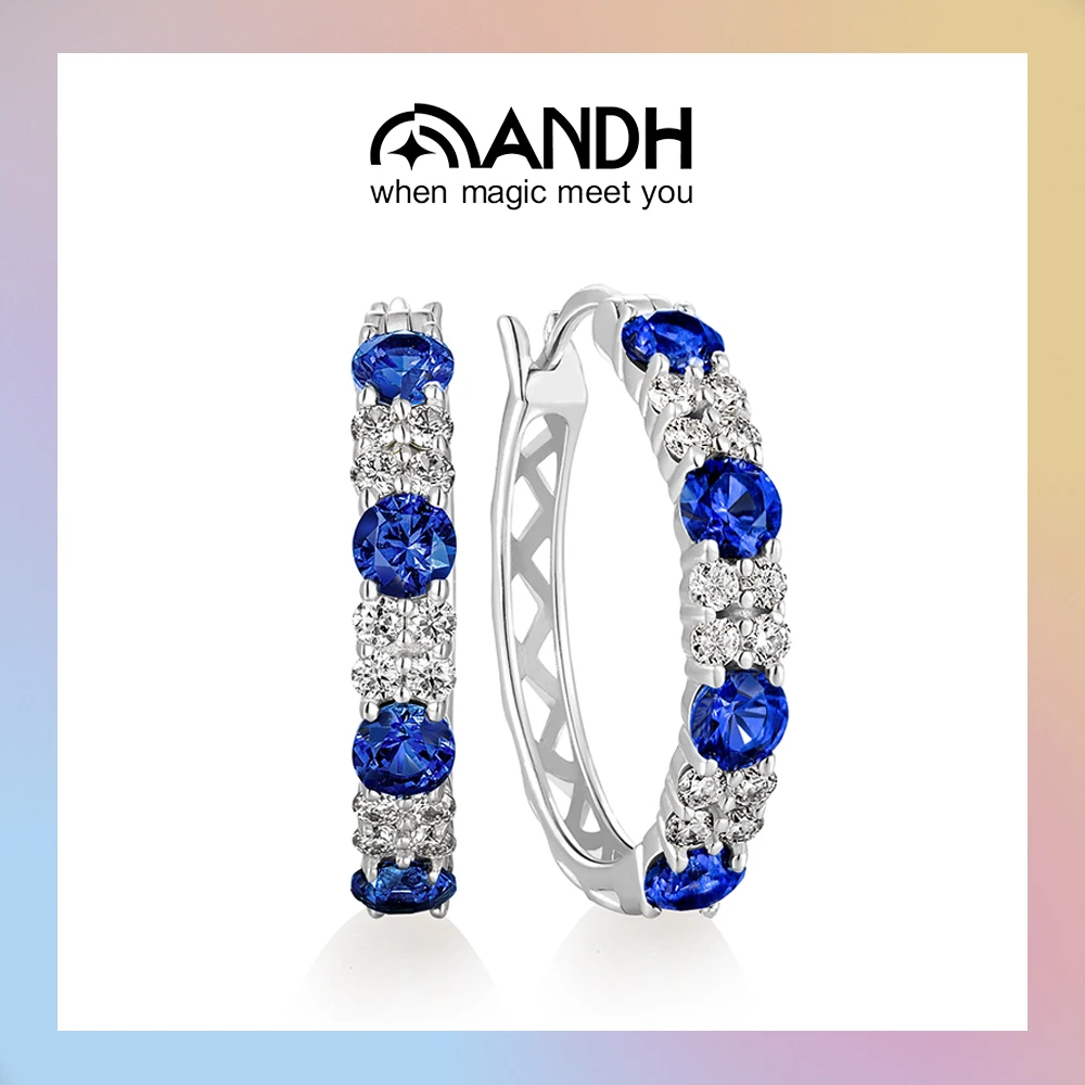 

ANDH Cultivate Sapphire Hoop Earrings for Women 925 Sterling Silver Lab Grown Gemstone Moissanite Earrings Wedding Party Jewelry