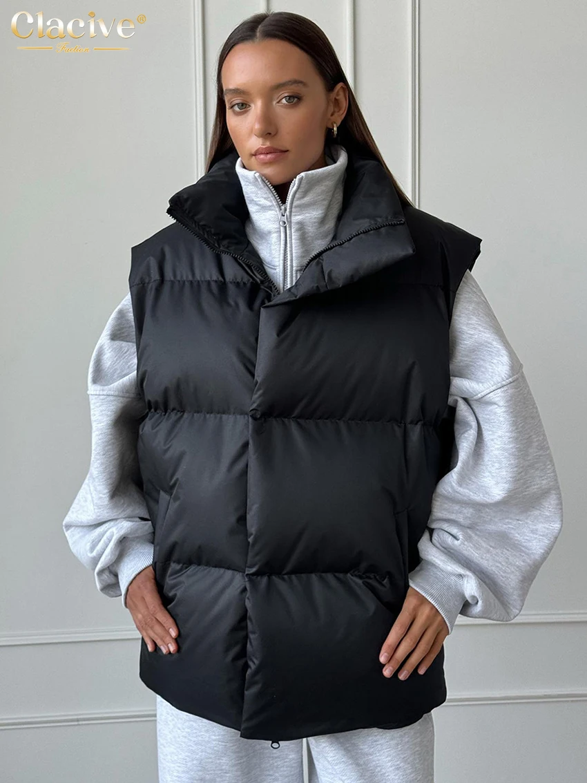 

Clacive Winter Loose Black Women's Coats 2025 Fashion Lapel Sleeveless Coats Elegant Classic Warm Solid Top Female Clothing