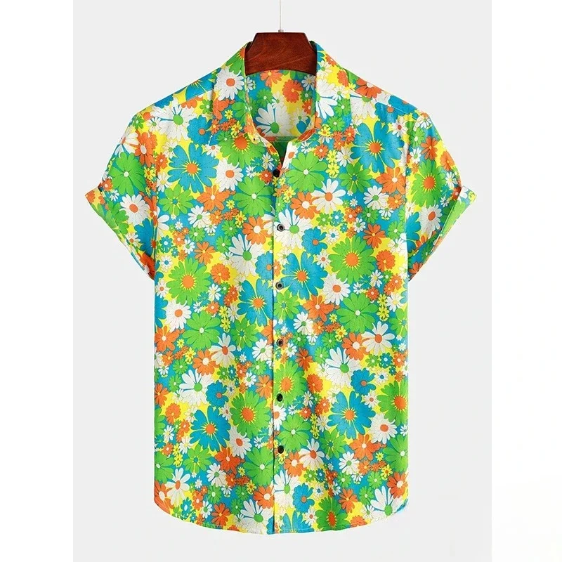 Men Colorful Daisy Floral All‑Over Print Cuban Collar Short Sleeve Shirt Loose Button Up Summer Beach Vacation Casual Tops