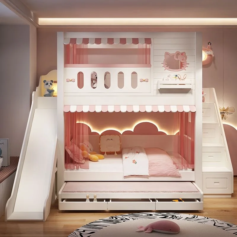 Modern Design Multi-functional Pink Children Use Twin Size Kids Wooden Bunk Beds With Stairs and Bookcase Children's Bunk Bed