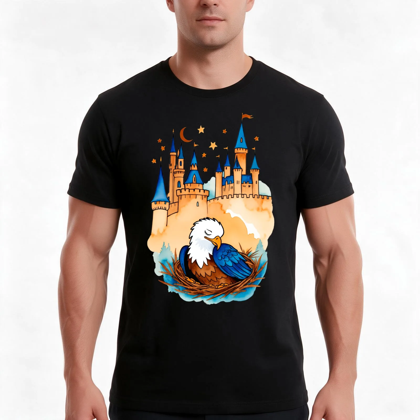 Eagle Sleeper T-Shirt, Summer Casual Cotton Tee, Oversized Streetwear Tops, Vintage Graphic Print, Loose Fit Short Sleeve