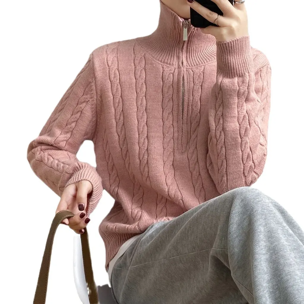 

Women's Long Sleeve Zipper Sweater Lapel Design Solid Color Elegant Loose Top for Autumn Winter Fashion