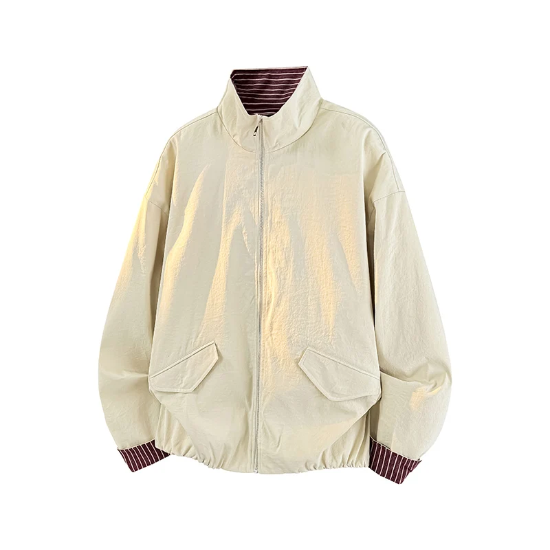 

Кардиган Ja Trans Ocean в стиле Casual с полосками и цветовыми блоками, винтажный японский стиль, открытый, из полиэстера, с длинными рукавами, на молнии