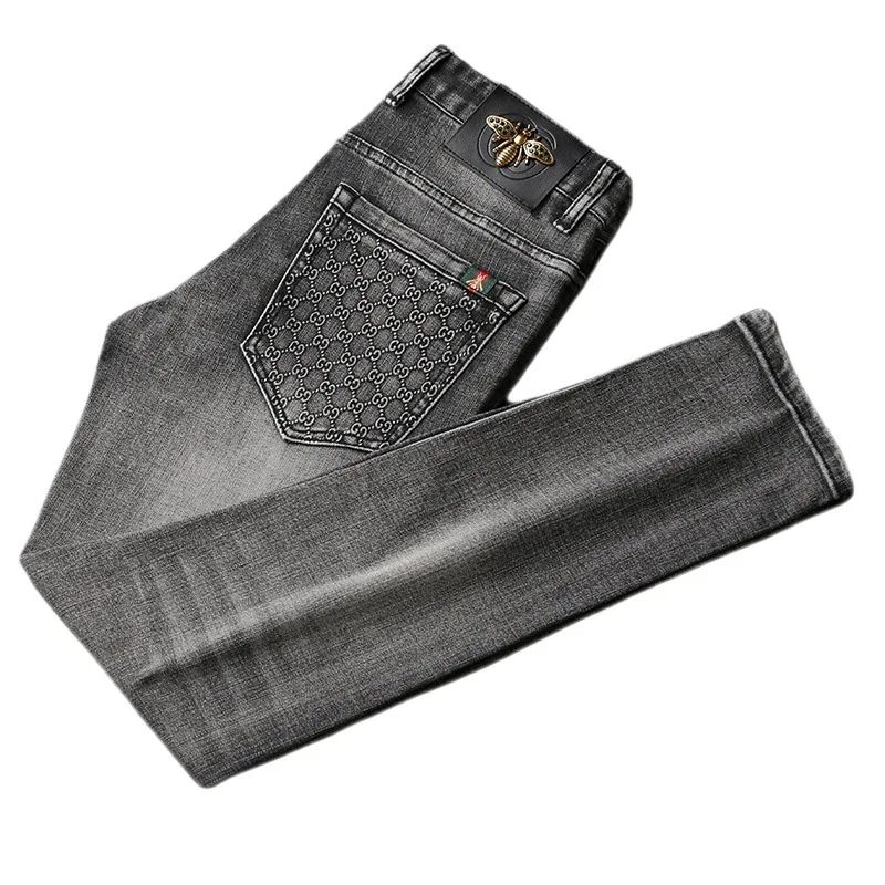 Jean en Denim Gris struction é pour Homme, Pantalon de Luxe, Extensible, Coupe Slim, Petit Droit, Tendance de Rue, Qualité Haut de Gamme, Abordable