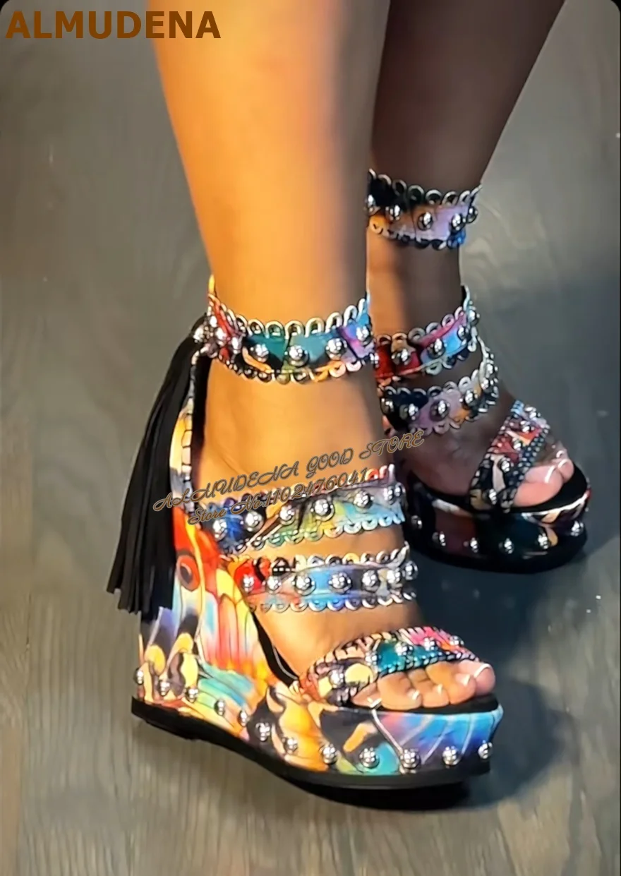 Colorful Graffiti Print Wedge Platform Sandals Scalloped Rivets Multi Straps Tassel Super High Y2K Gothic Festival Party Shoes