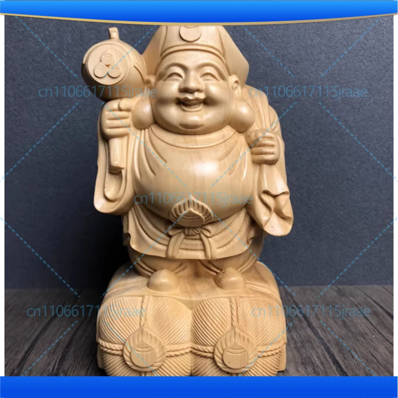 Hand Carved Hinoki Wood Daikokuten Statue Figurine - Japanese Seven Lucky Gods Wealth God Ornament Home Office Desk Decor Gift
