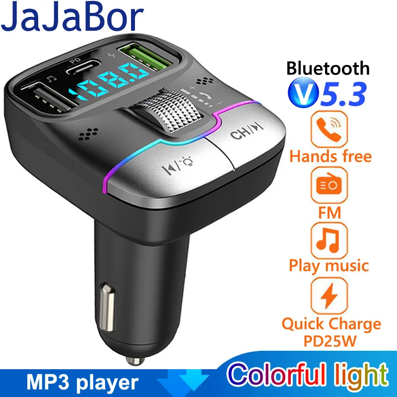 

JaJaBor FM Transmitter Car MP3 Player 2 Microphones Type C PD 25W Dual USB Fast Charging Car Charger Handsfree Bluetooth Car Kit