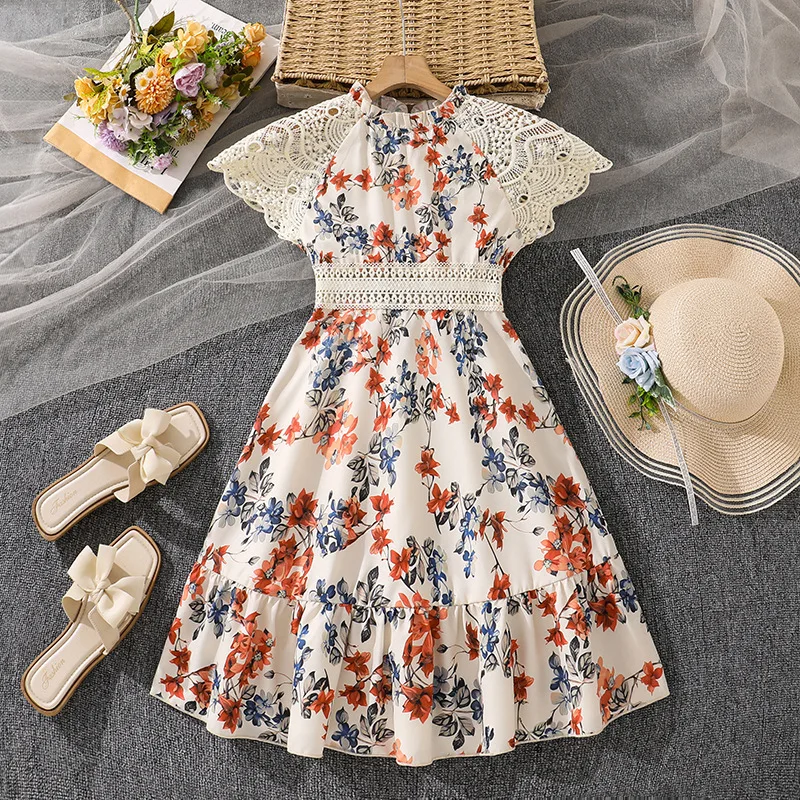 Girl's Clothing Summer New Style French Elegant Lace Hook Flower Hollow Short Sleeved Patchwork Printed Skirt