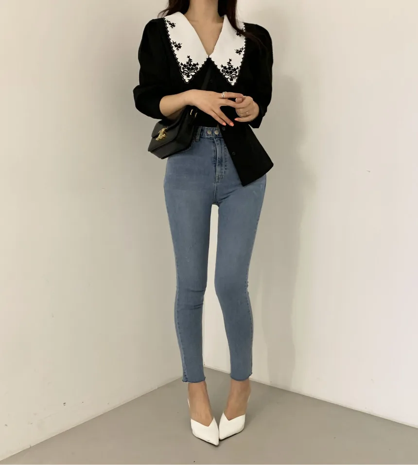 Chemise ample à manches courtes, design rétro coréen brodé à grand col, couleur contrastée, style cour française