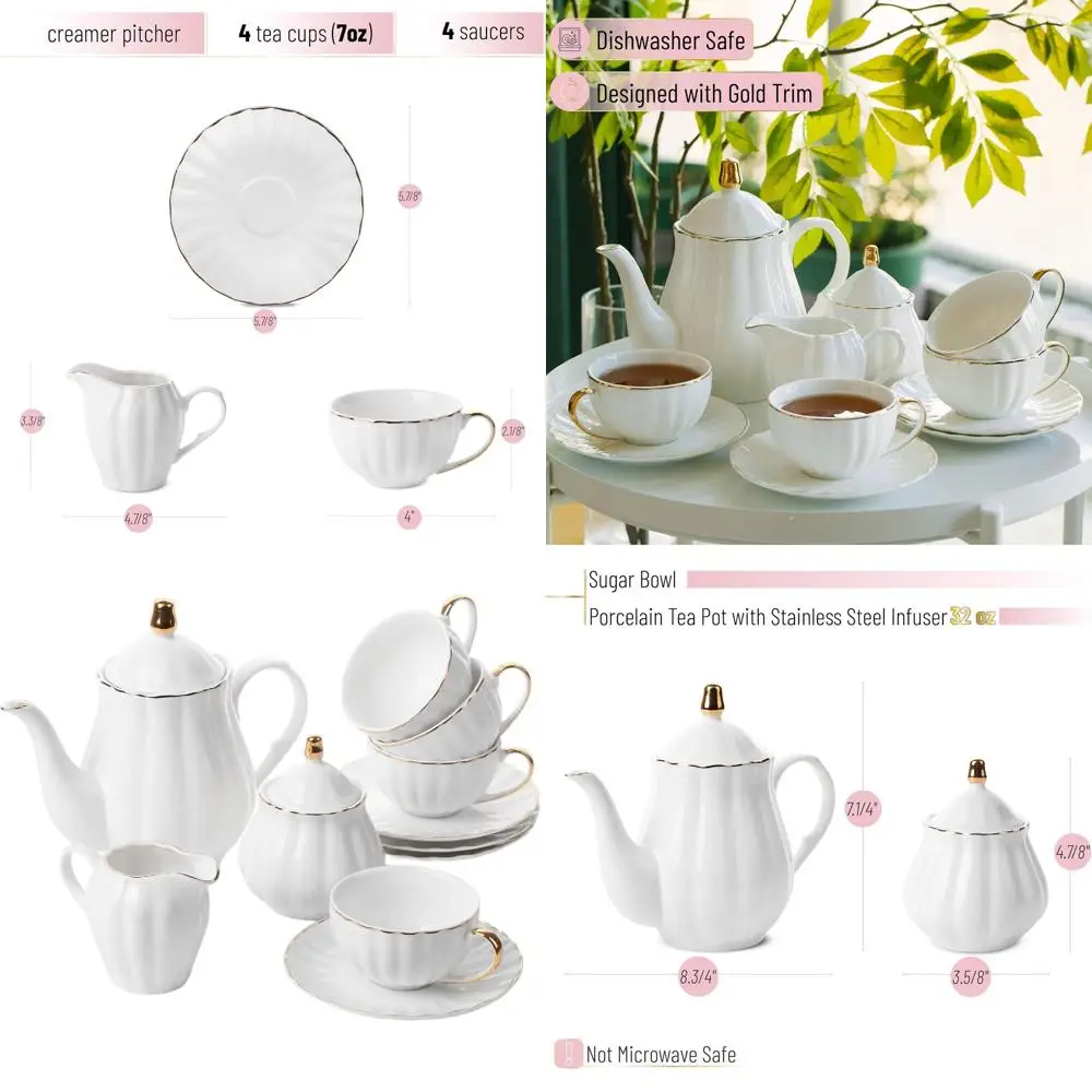 

Classic 13-Piece Porcelain Tea Set with 7oz Cups, 32oz Infuser Pot, Creamer, and Sugar Bowl, White