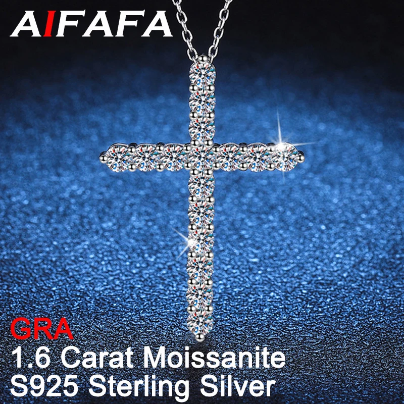 

AIFAFA Real 1.6 Carat D Color Moissanite Jesus Cross Pendant S925 Silver 18K White Gold Crucifix Necklace for Women Jewelry GRA