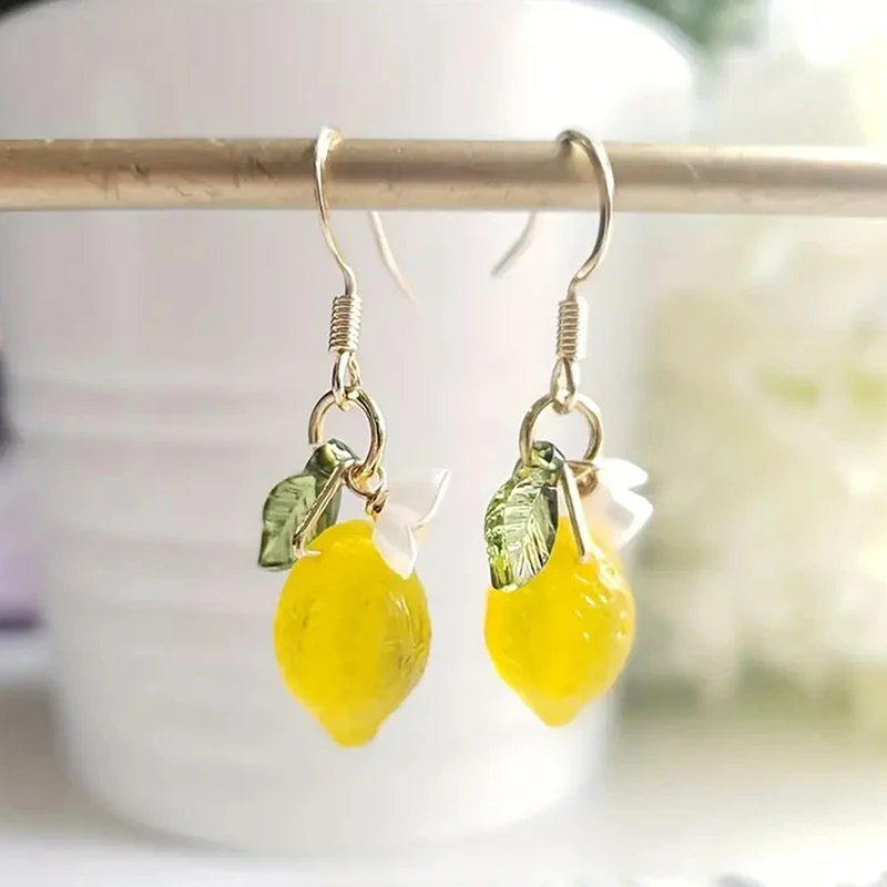 1Pair Creative Design Cute Resin Lemon Drop Earrings Holiday Gift For Girls Summer Vacation