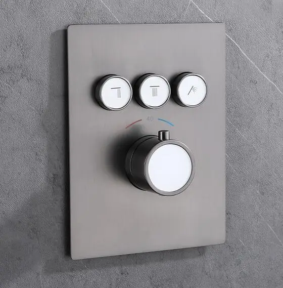 New Brass Gun Gray  Smart Thermostat Concealed 3 Way Outlet Shower Valve Push Button Shower Diverter Thermostatic Mixing Valve