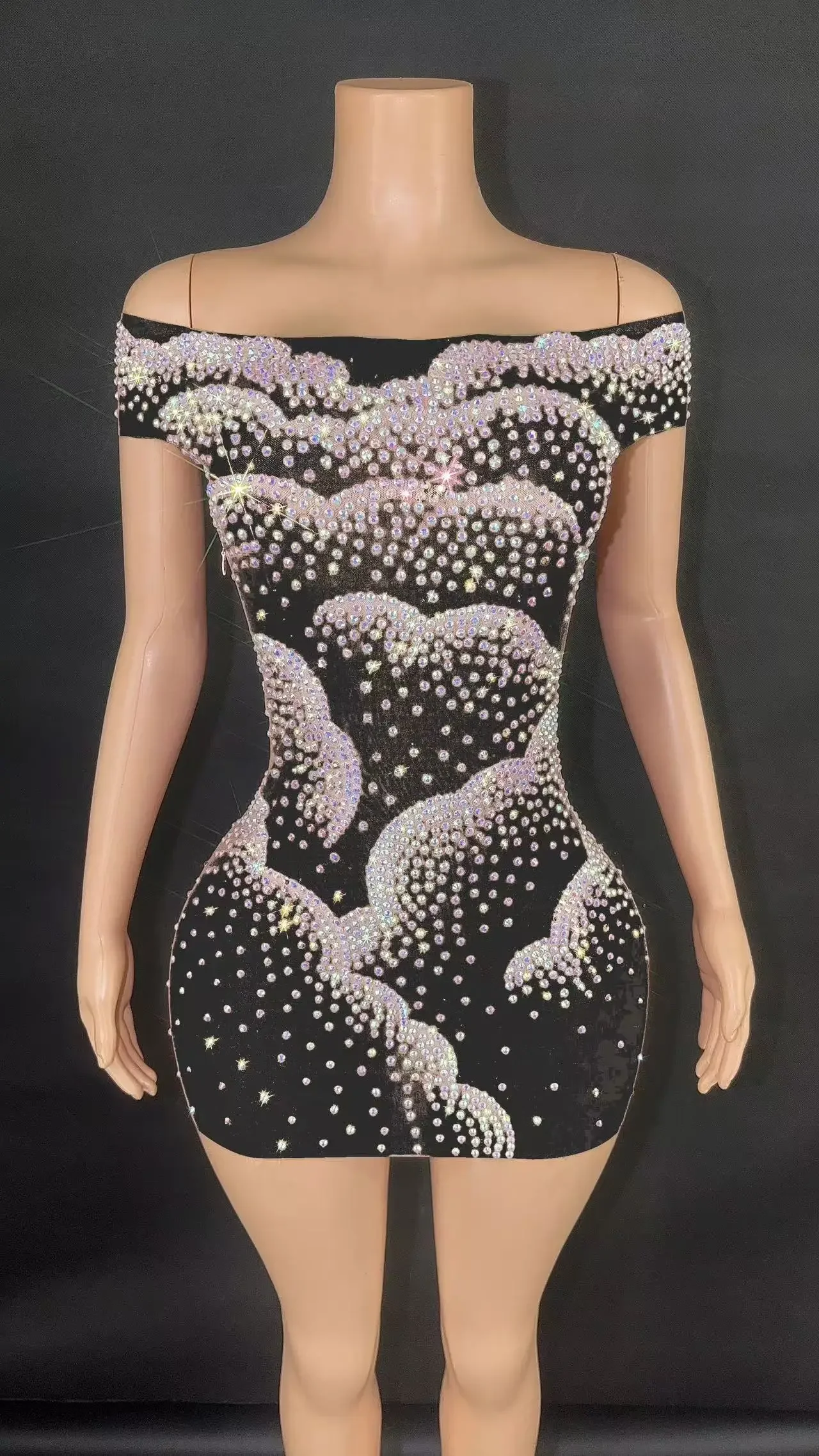 Sexy Mesh See Through Bodycon Mini Dress with Sparking Diamonds Crystal Women Birthday Party Celebrate Performance Costume