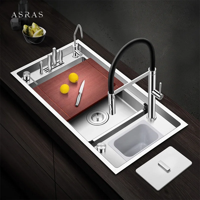 ASRAS Large Size Kitchen Sink SUS 304 Stainless Steel 4mm Thickness Handmade Brushed 4 Hole Single Kitchen Sinks With Trash Can