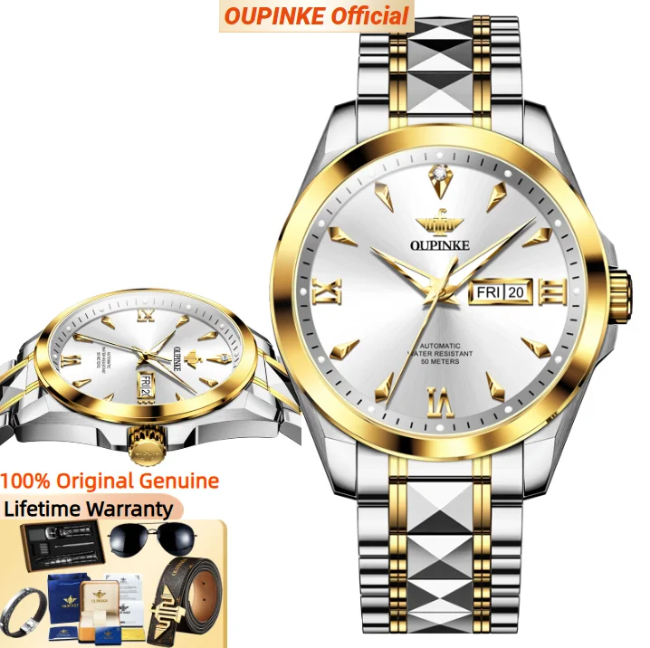 

OUPINKE 3306 механические часы с настоящими бриллиантами для мужчин, двойной календарь, светящиеся водонепроницаемые наручные часы, новинка 2025 года