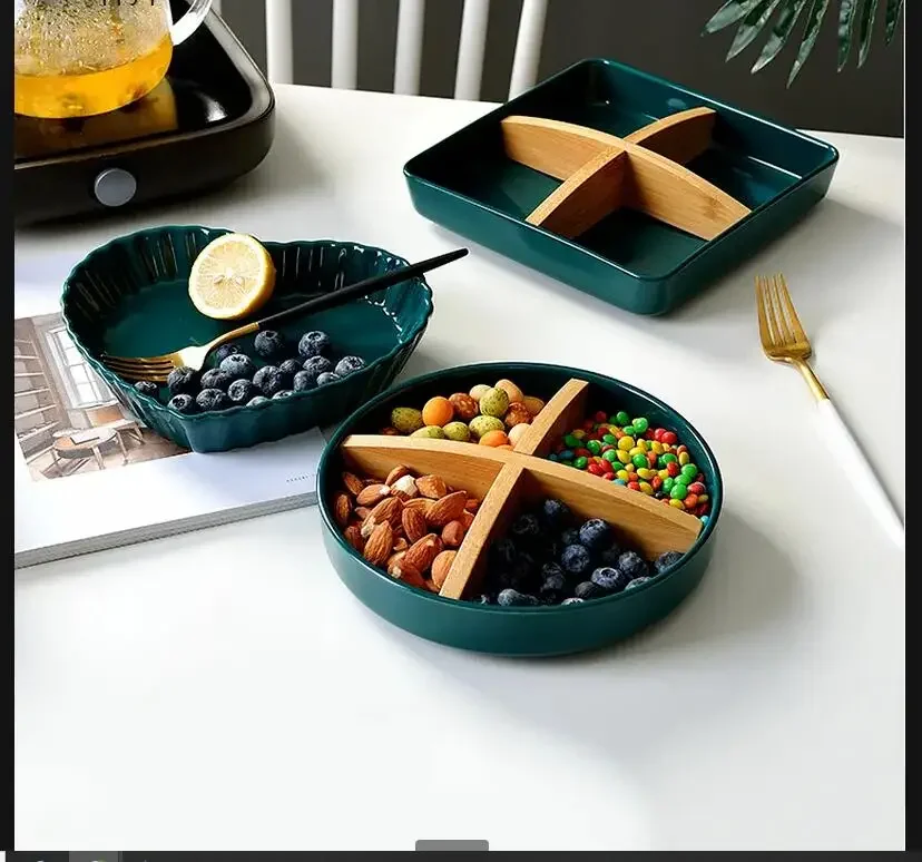 Green Ceramic Plate  Fruit Plate 4 Grids Dried Fruit Plates Snack Tray Candy Plate Dinner Plates Refreshment Tray Salad Bowl