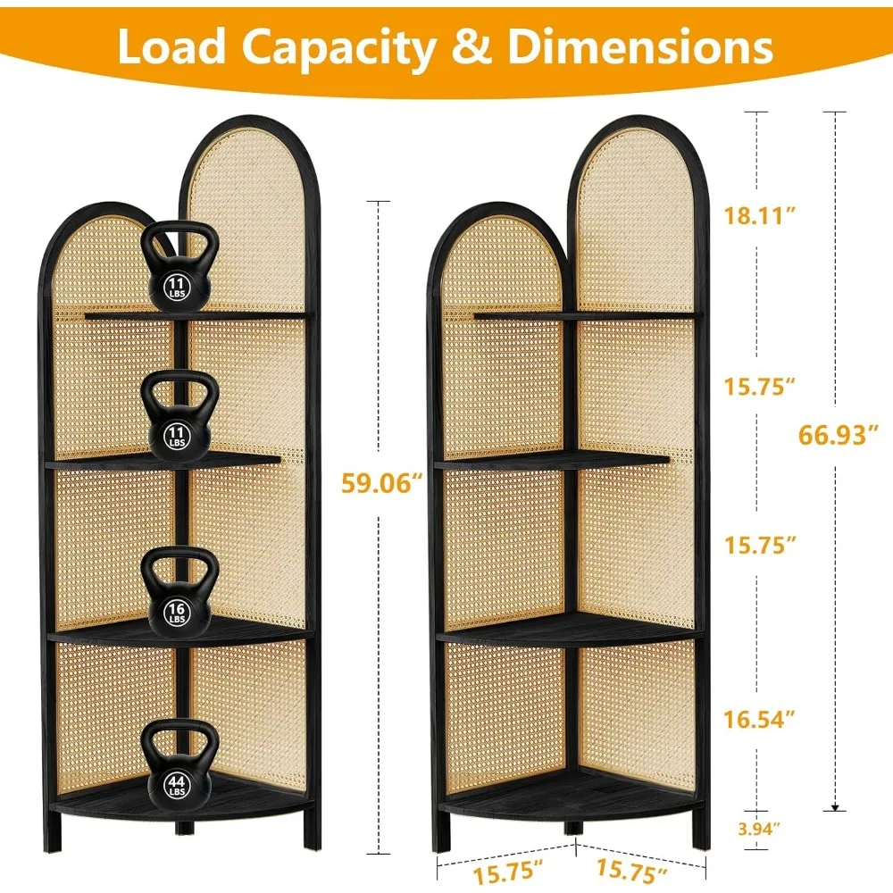 رف كتب زاوية من خشب الصنوبر مع أرجل، بطول 5.6 أقدام، تصميم بسيط من 4 طبقات، حل رفوف زاوية موفرة للمساحة