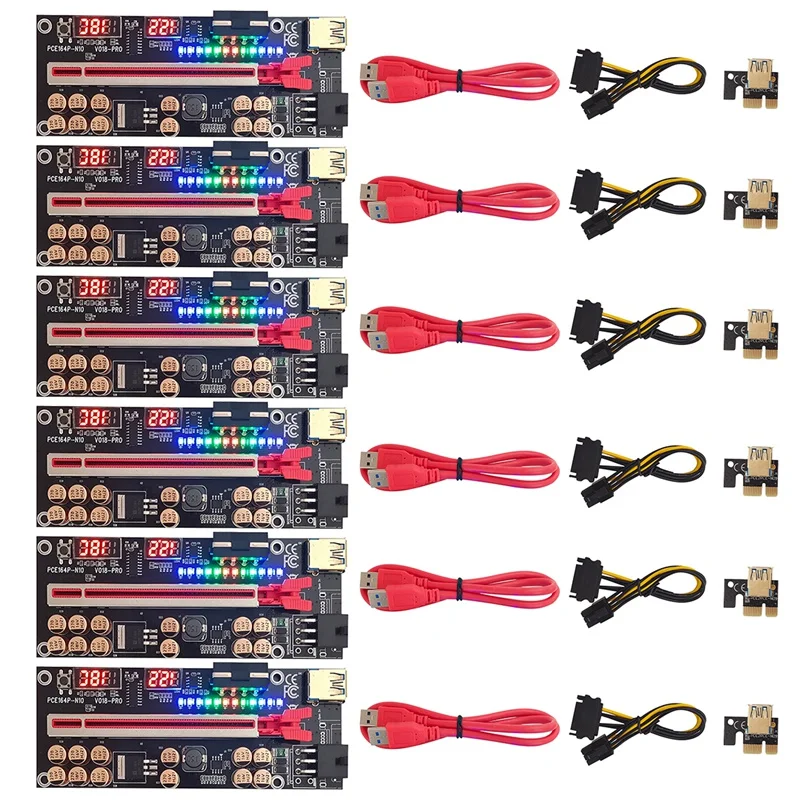 6 Pcs New VER018 PRO PCI-E 1X To 16X GPU Extension Cable Riser Card With LED Lights/Voltage/Temperature Display