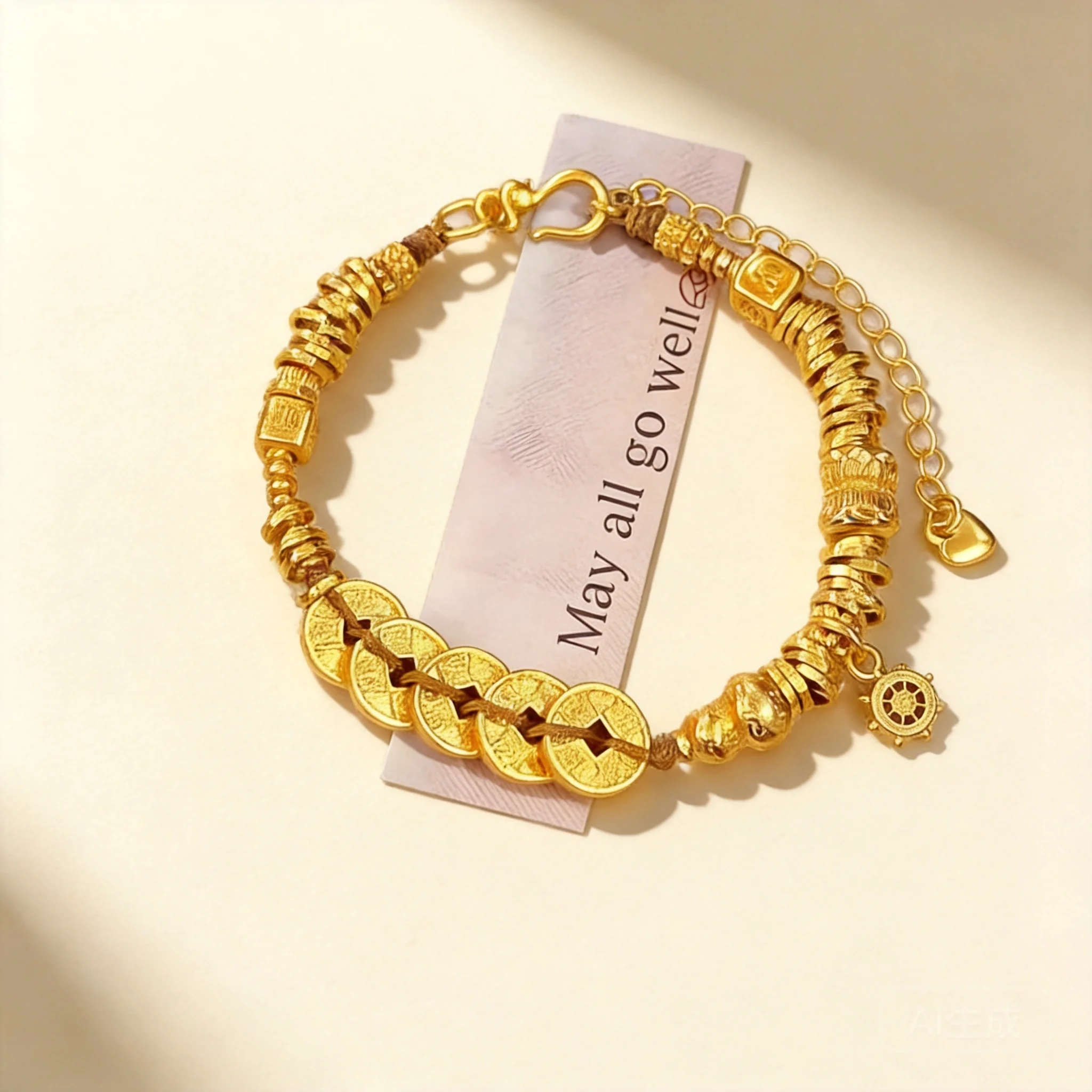 

24k Real Gold Plated Chinese Style Five Emperor Coins Abacus Ruyi Lucky Bracelet Feng Shui Wealth Blessing Good Fortune Adjustab
