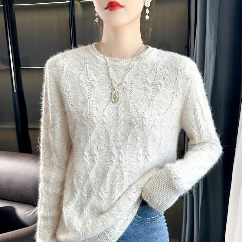 Women\'s sweater autumn/winter new 100% cashmere pullover casual knitted Tops Japanese/Korean style round neck hollow Blouse