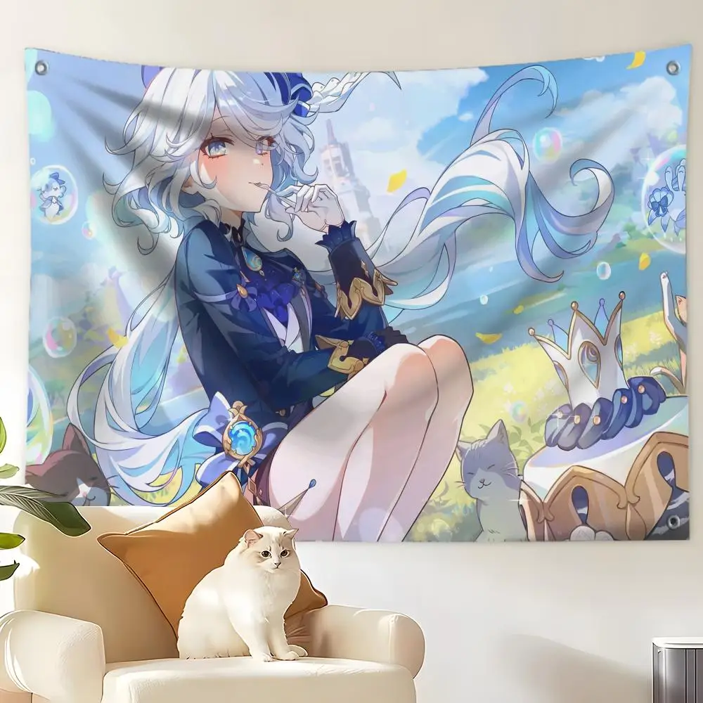 Genshin Impact Furina Flags Custom Wall Hanging Background Art Banner For Bedroom Home Living Room Outdoor Decor