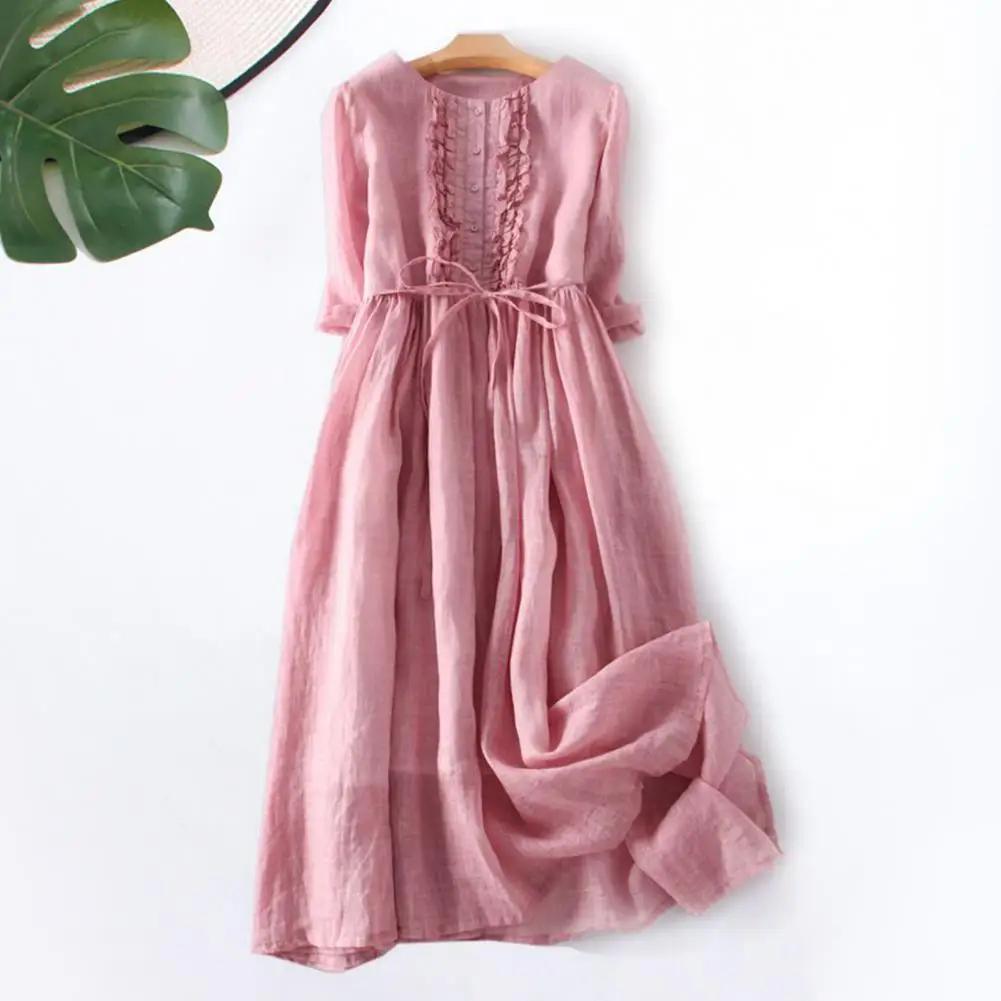 

Women Round Neck Dress Elegant Retro Double-layer Midi Dress With Pleated Sleeves Shirring Detail For Vacation Beach Or Date