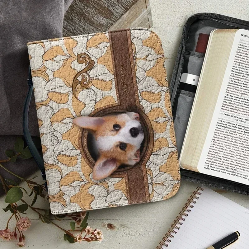 Cute Cartoon Dogs Print Bible Storage Bags for Women Leather Bible Cover Case Zipper Handle Handbags Bible Carrying Case