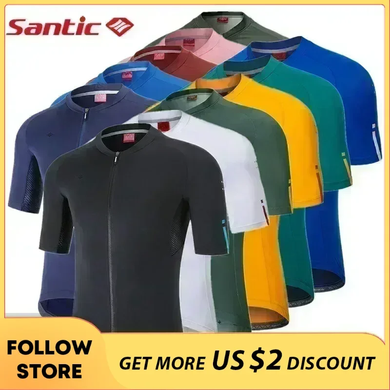 Santic Men\'s Cycling Short Sleeve Summer MTB Bike Shirts Quick Dry Breathable Mesh Full Zipper Jersey Cycle Clothing Asian Size