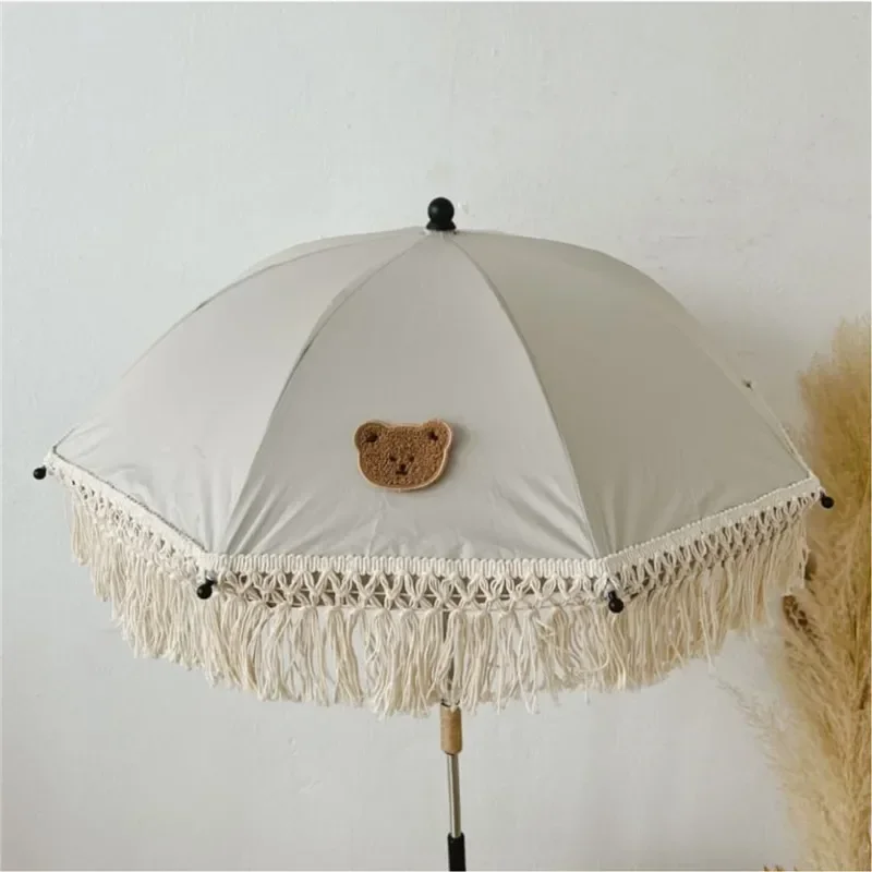 Korean Embroidered Bear Children\'s Outdoor Stroller Parasol Baby Beach Sun Protection UV Umbrella Stroller Accessories