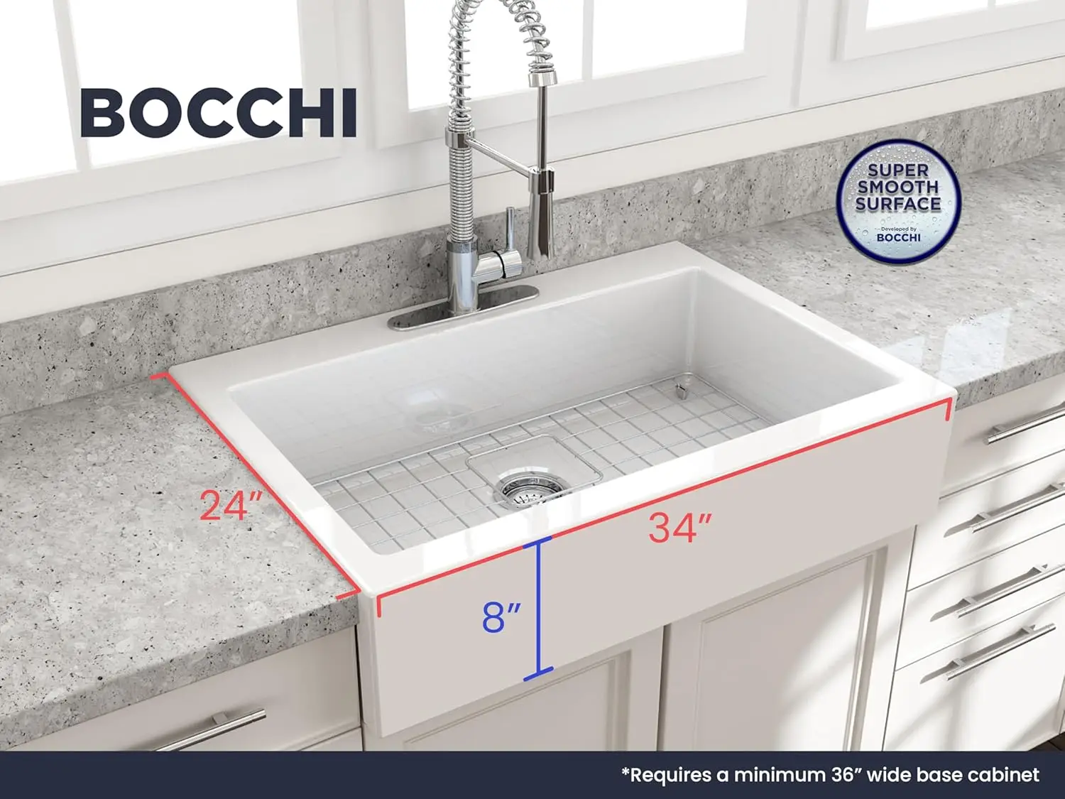 BOCCHI Nuova Apron Front Drop-In Fireclay 34 in. Single Bowl Kitchen Sink with Protective Bottom Grid and Strainer in White