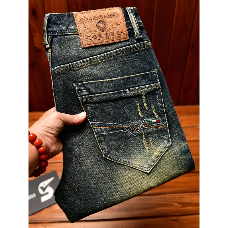 

Ретро винтажные мужские джинсы 2025 уличные ностальгические джинсовые облегающие маленькие ноги корейская версия модные джинсовые брюки