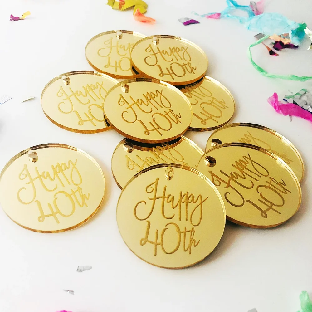10 قطعة 5 سنتيمتر سعيد 40th محفورة مرآة الاكريليك هدية العلامات حفلة عيد ميلاد إمدادات رائعة الديكور كأس للنبيذ التسمية صديق المفضلة #1