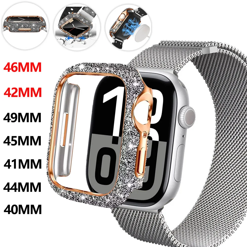 Apple Watch 용 다이아몬드 케이스 10 46mm 42mm 45mm 41mm 44mm 40mm PC + 유리 보호 쉘 iWatch 시리즈 10 9 8 7 6 SE 액세서리