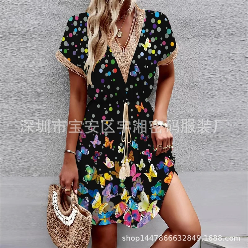 Robe imprimée florale à manches courtes, Sexy, décolleté en V profond, taille élastique, élégante, en coton doux, t-shirt