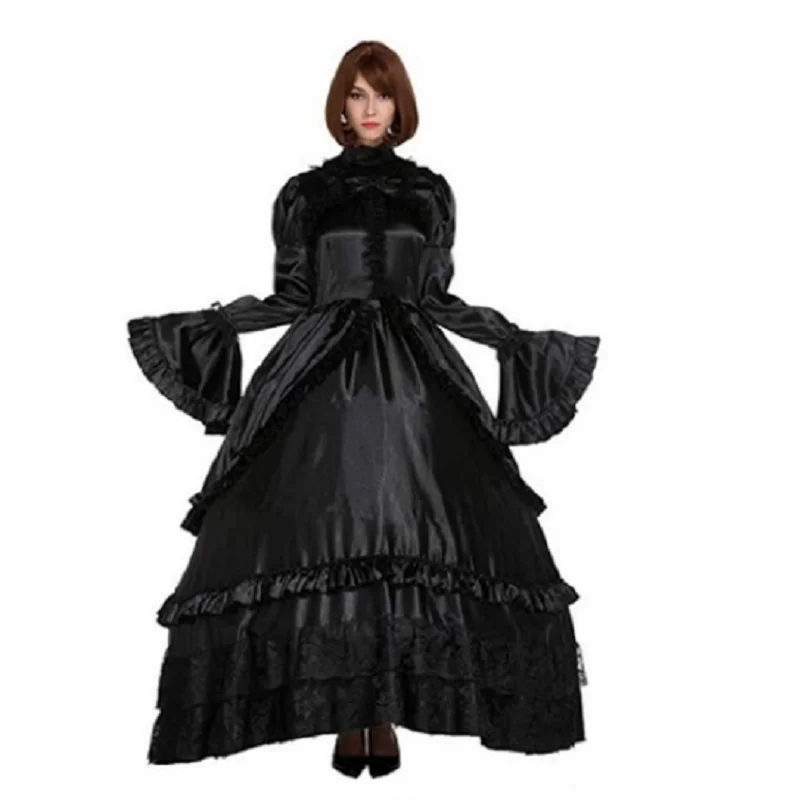 Hot Sissy Meisje Prinses Zwart Gothic Lolita Punk Satijn Jurk Nep Fee Grote Mouw Jurk Meid Afsluitbaar Custom