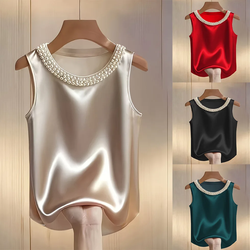 Women's Satin Round Neck Pearl Beaded Decor Sleeveless Loose Tank Tops Soft Comfort Elegant Versatile Commute Daily Casual Vest