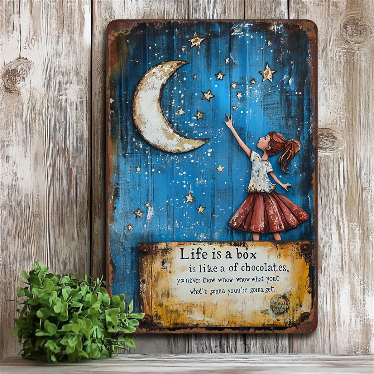 Vintage Starry Night Iron Wall Decoration Moon and Stars Illustration Iron Sign for Home Office Coffee Shop 8x12 inch Home Decor