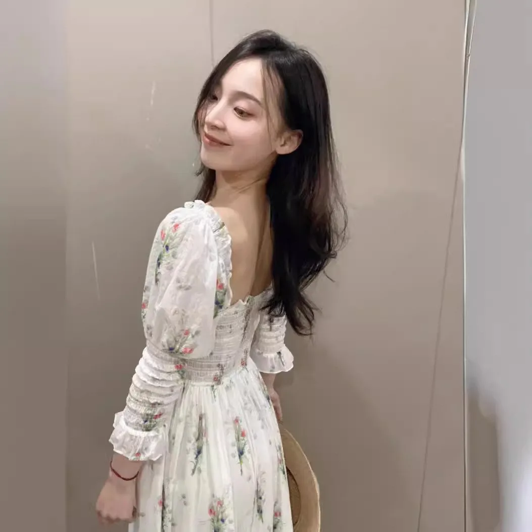 Primavera Estate New Sle American Country Stampa floreale Puff Sve Colletto quadrato Gonna longuette a trapezio in cotone Dr