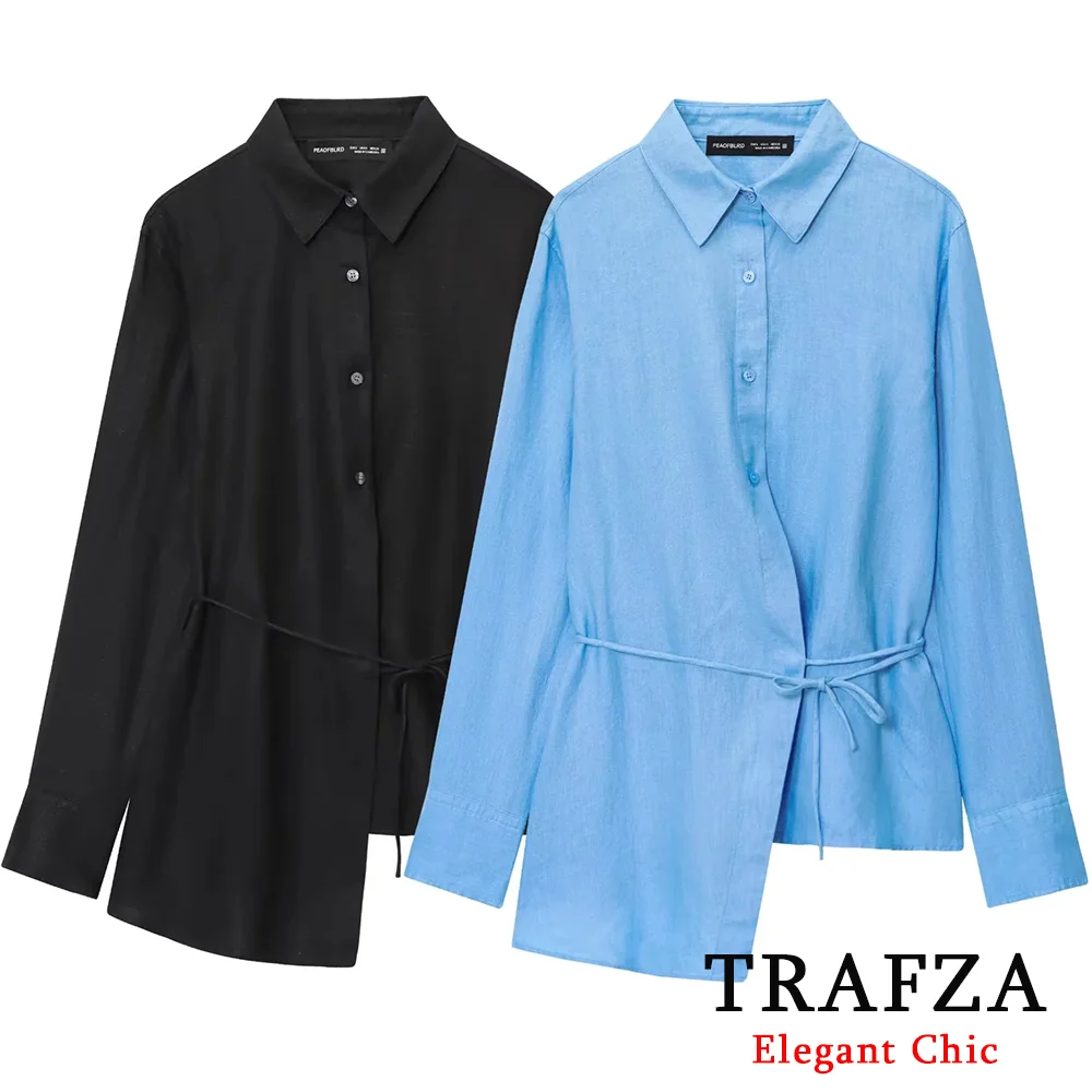 

TRAFZA Women Elegant Asymmetrical Shirts Lace-up Button Commute Casual Shirt 2025 Spring Summer Fashion Simple Lady Shirts