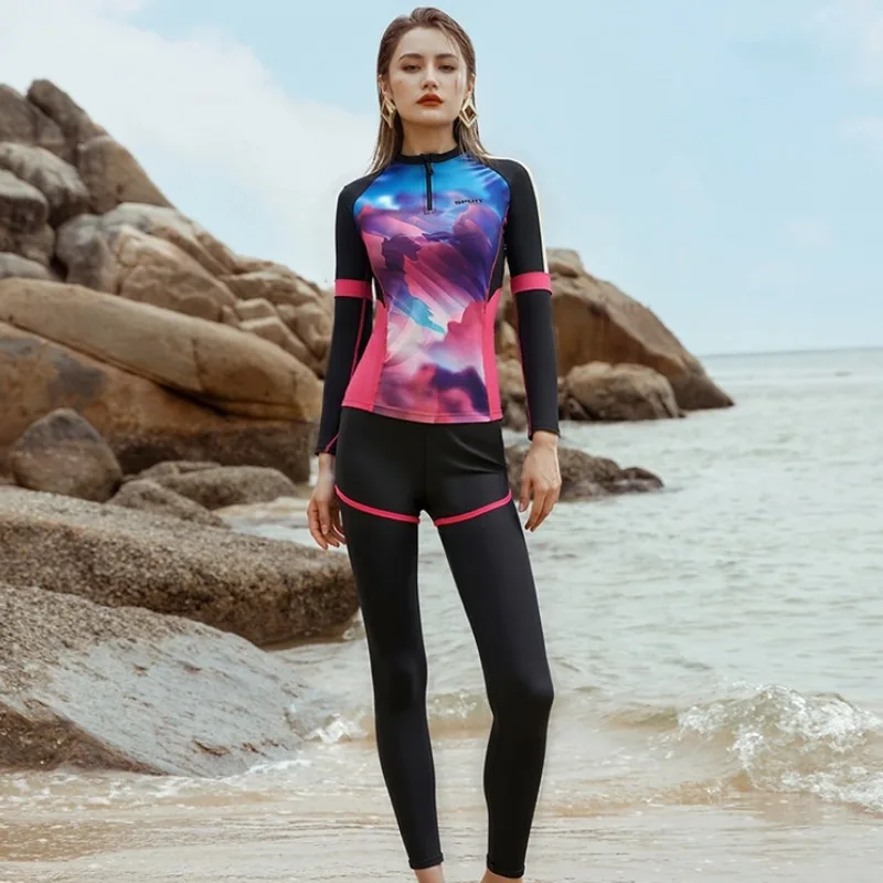 

Dive Skin Full Body Rash Guard for Women, Two-piece Swimsuits Sport Skin Front Zipper Shirt with Pants for Surfing Kayaking Swim