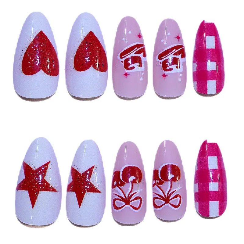 

24 шт., накладные ногти, милые, милые, в клетку, красный, с любовным дизайном, миндальный пресс на ногтях, носимые, нежные накладные ногти для женщин, повседневный маникюр 네일