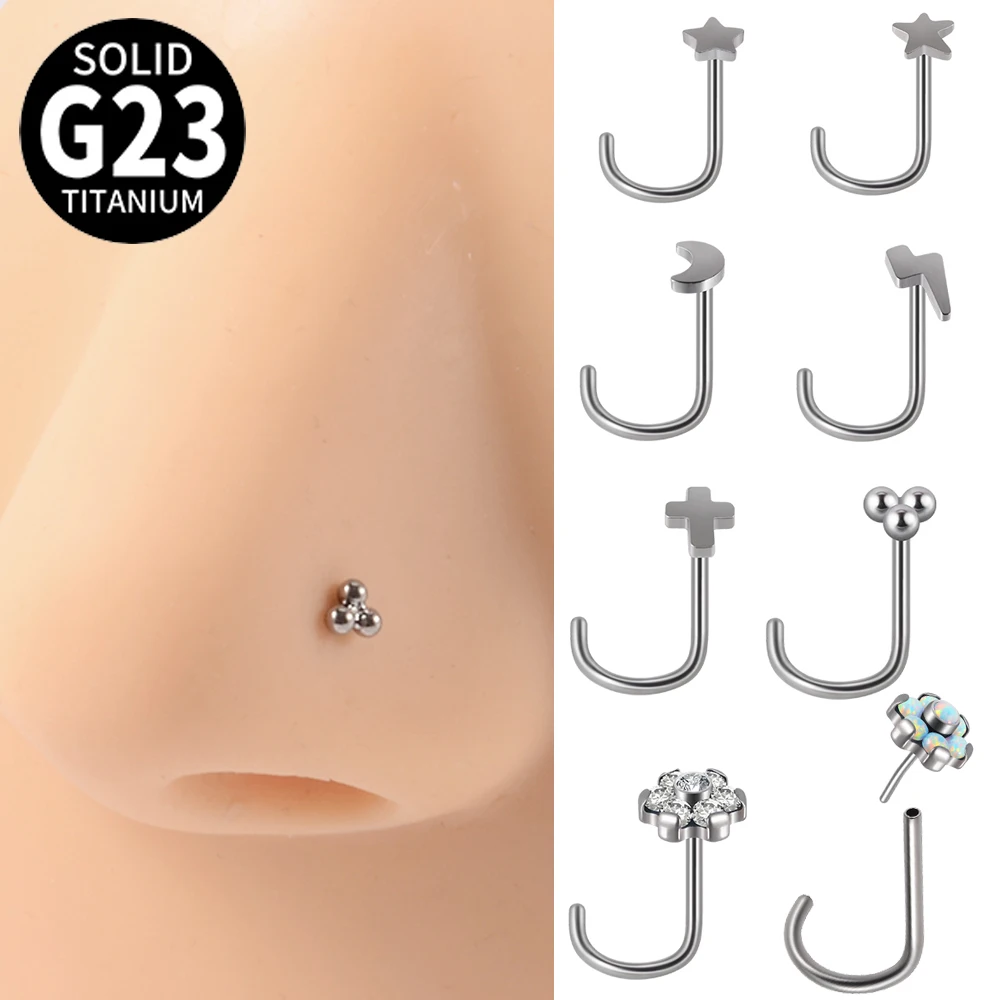 G23 Titanium 20g Opal Nose Rings Studs Lightning Screw Nose Nostrial Piercing Jewelry CZ Flower Nose Screw Studs Rings for Women