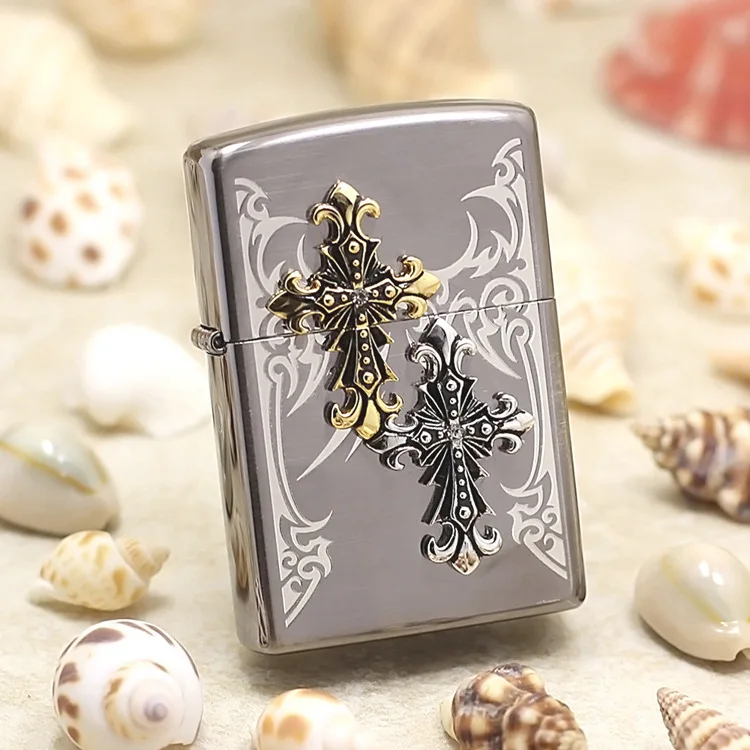 

Genuine Zippo oil lighter copper windproof Black ice cross Kerosene lighters Gift with anti-counterfeiting code