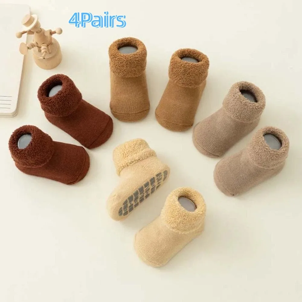 4Pairs Solid Color Thicken Baby Socks Anti-slip Winter Autumn Infant Learning Walk Socks Baby Hosiery Warm Home Sleep Socks