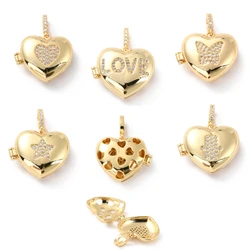 5Pcs Brass Micro Pave Cubic Zirconia Hollow Pendant Opened Closed Heart Photo Locket for Lover Memorical Gift Necklace DIY Craft