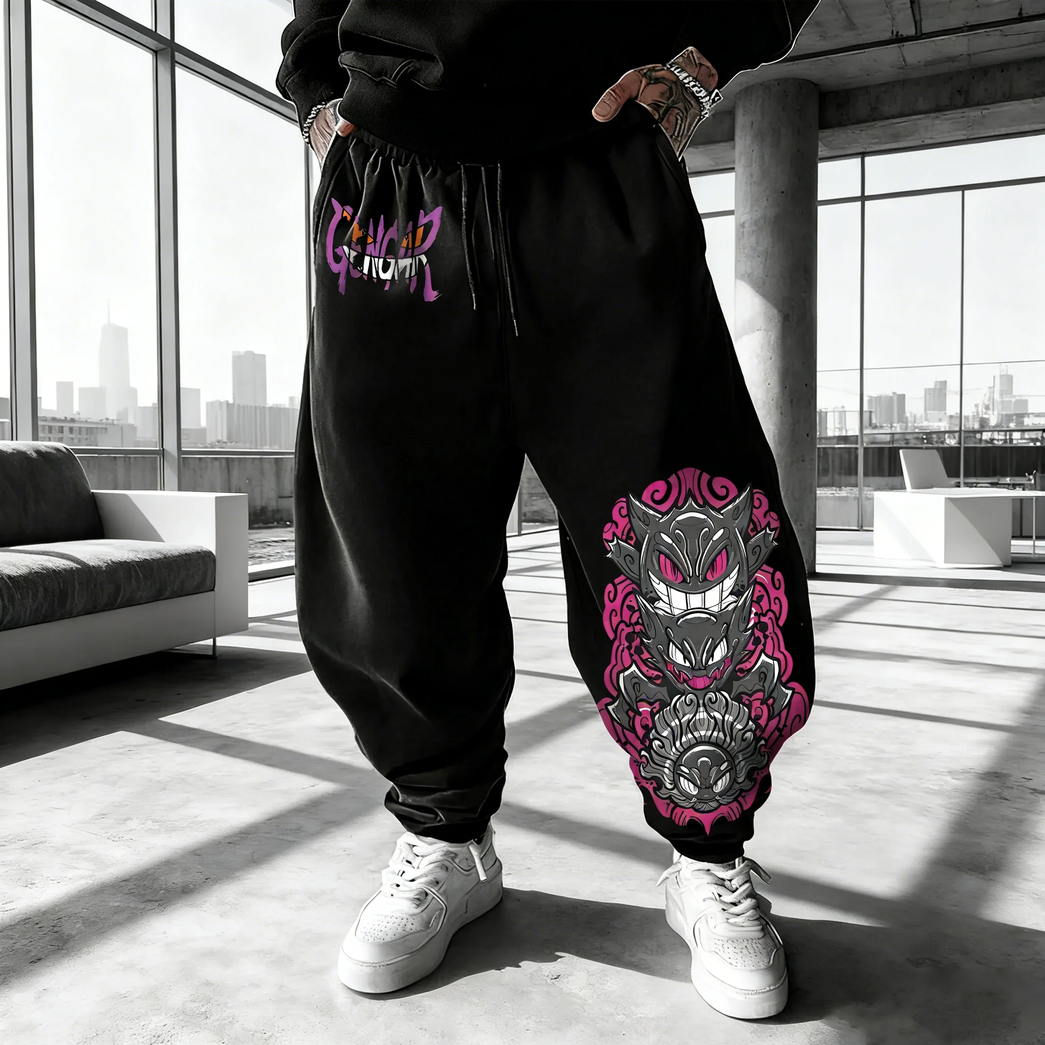 

Мужские хлопковые спортивные брюки Pokémon Games Gengar с принтом, весна-лето 2026, новый стиль, уличный хип-хоп, свободные повседневные брюки Y2K с манжетами