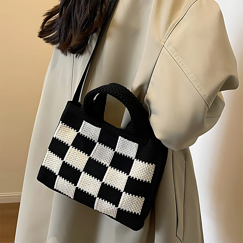 Shoulder Handbag New Checkerboard Knitted Shoulder Handbag Versatile Cute Portable Large Capacity Shoulder Crossbody Bag