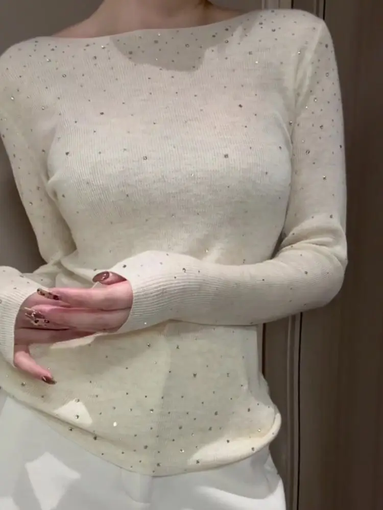 

Fashion Diamonds Knit Sweater for Women Autumn Off Shoulder Sweater Slim Fit and Slimming Long Sleeved Top