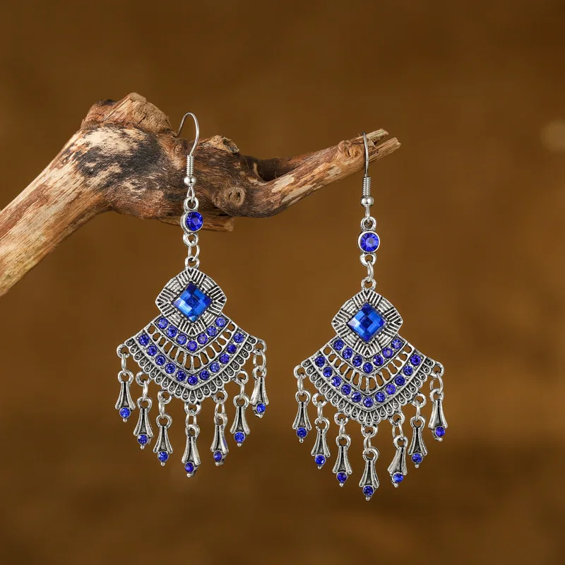 Vintage Bohemian Drop Dangle Earrings For Women Hollow Geometric Crystal Rhinestone Tassel Boho Wedding Jewelry Earrings Gift